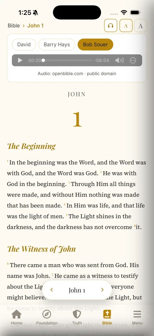 Truth & Foundation app: the Bible reader open to John 1, with the audio player and narrator choices