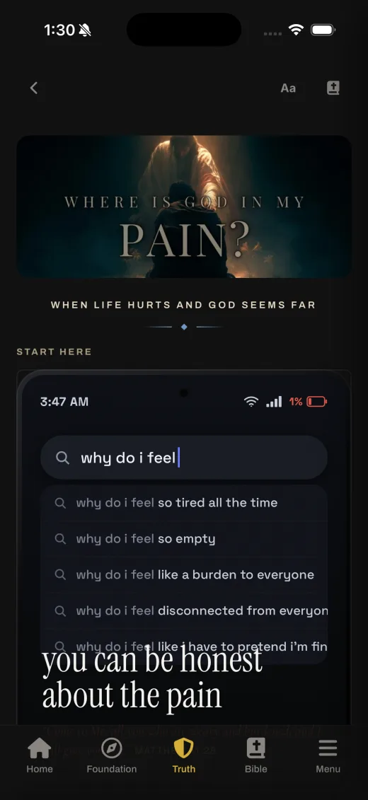 Truth & Foundation app: the 'Where Is God in My Pain?' topic page in the dark theme