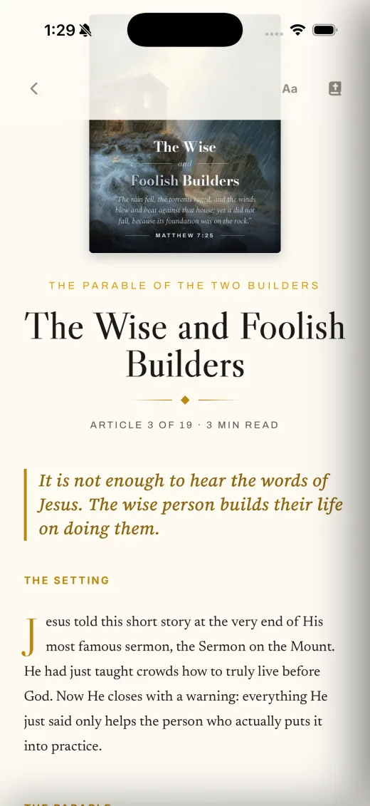 Truth & Foundation app: a study article on the parable of the Wise and Foolish Builders